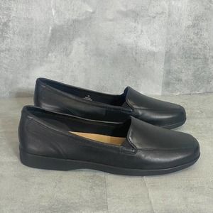 EASY SPIRIT Wide Width Black Leather Devitt Round-Toe Slip-On Flat Loafers 8W /9